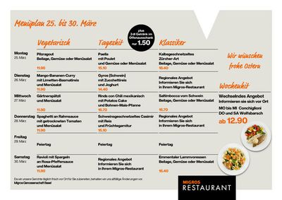 Angebote von Restaurants in Grenchen | Migros Restaurant Menüplan - KW13 in Migros Restaurant | 25.3.2024 - 30.3.2024