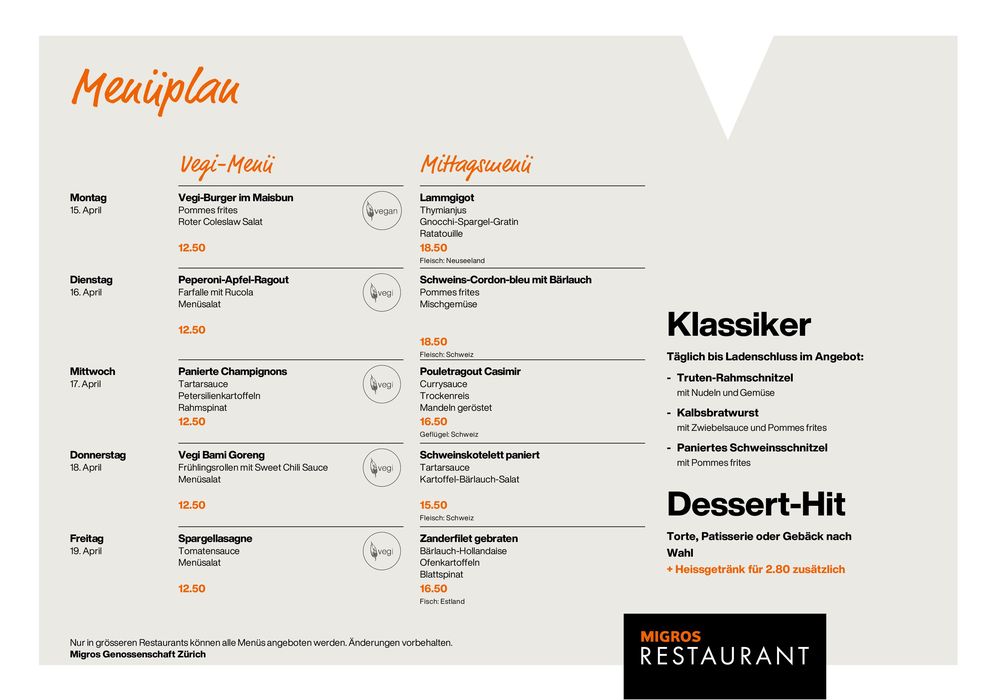Migros Restaurant Katalog in Zürich | Migros Restaurant Menüplan - KW16 | 15.4.2024 - 19.4.2024