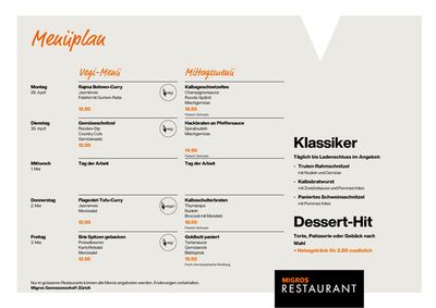Angebote von Restaurants in Cham | Migros Restaurant Menüplan KW18 in Migros Restaurant | 29.4.2024 - 3.5.2024