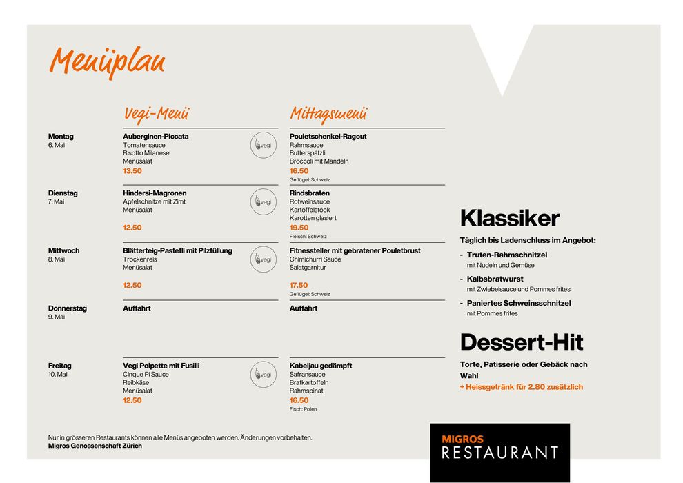 Migros Restaurant Katalog in Schaffhausen | Migros Restaurant Menüplan KW19 | 6.5.2024 - 10.5.2024
