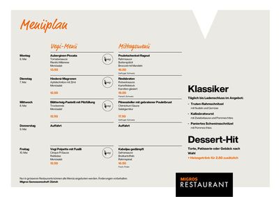 Angebote von Restaurants | Migros Restaurant Menüplan KW19 in Migros Restaurant | 6.5.2024 - 10.5.2024