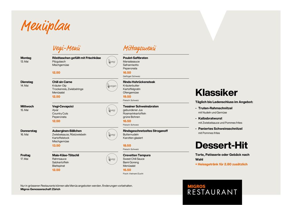 Migros Restaurant Katalog in Schwyz | Migros Restaurant Menüplan KW20 | 13.5.2024 - 17.5.2024