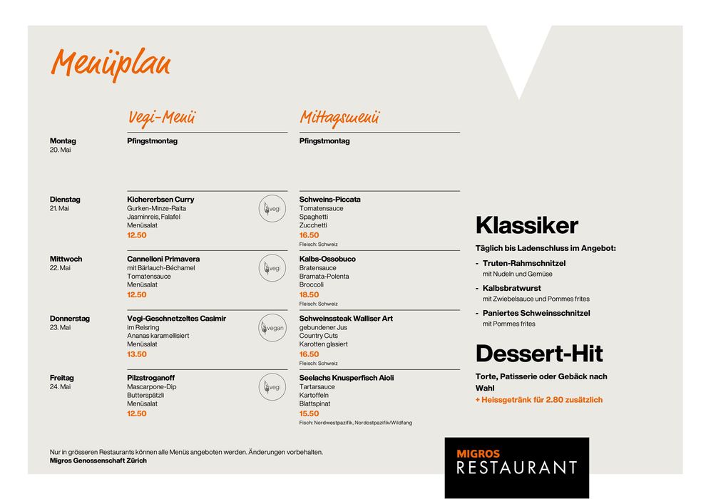 Migros Restaurant Katalog in Horgen | Migros Restaurant Menüplan KW21 | 20.5.2024 - 24.5.2024