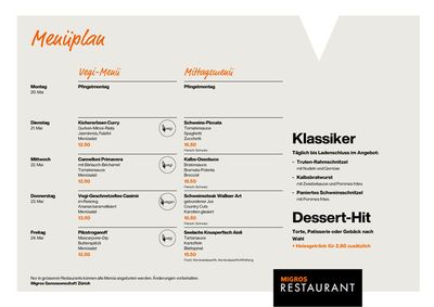 Angebote von Restaurants in Zürich | Migros Restaurant Menüplan KW21 in Migros Restaurant | 20.5.2024 - 24.5.2024
