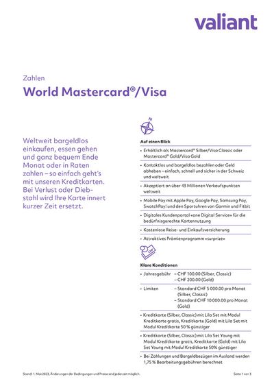 Angebote von Banken & Dienstleistungen in Wettingen | World MasterCard/Visa in Valiant | 23.5.2024 - 31.12.2024