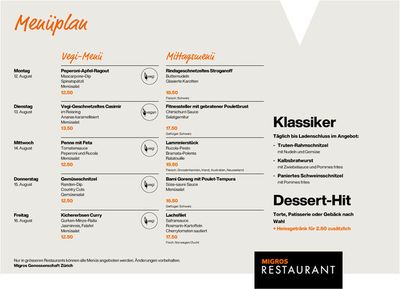 Angebote von Restaurants in Zürich | Online Menüplan KW 33 in Migros Restaurant | 12.8.2024 - 16.8.2024