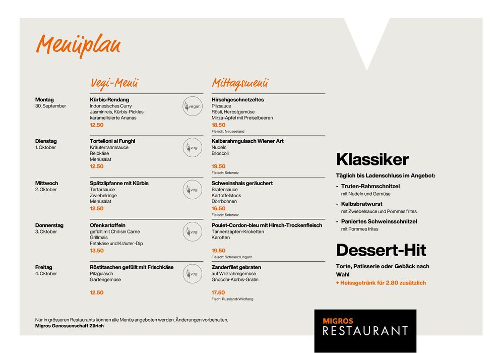 Migros Restaurant Katalog in Zürich | Aktuälli Deals und Ängbot | 7.9.2024 - 21.9.2024