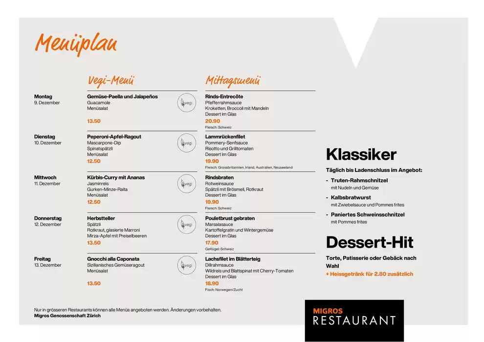 Migros Restaurant Katalog in Zürich | Tolles Ängbot für Schnäppchenjäger | 16.11.2024 - 30.11.2024