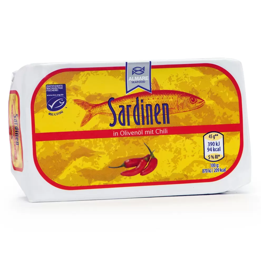 ALMARE SEAFOOD Sardinen NURI mit Haut und Gräten, in Olivenöl für 2,19 CHF in Aldi