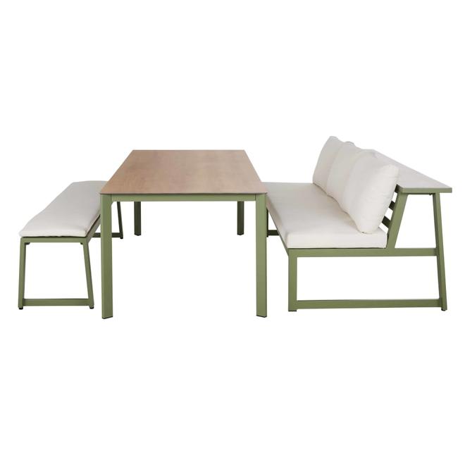 Ensemble banquette de jardin en aluminium vert kaki et coussins écrus, 1 banc et 1 table für 1299 CHF in Maisons du Monde